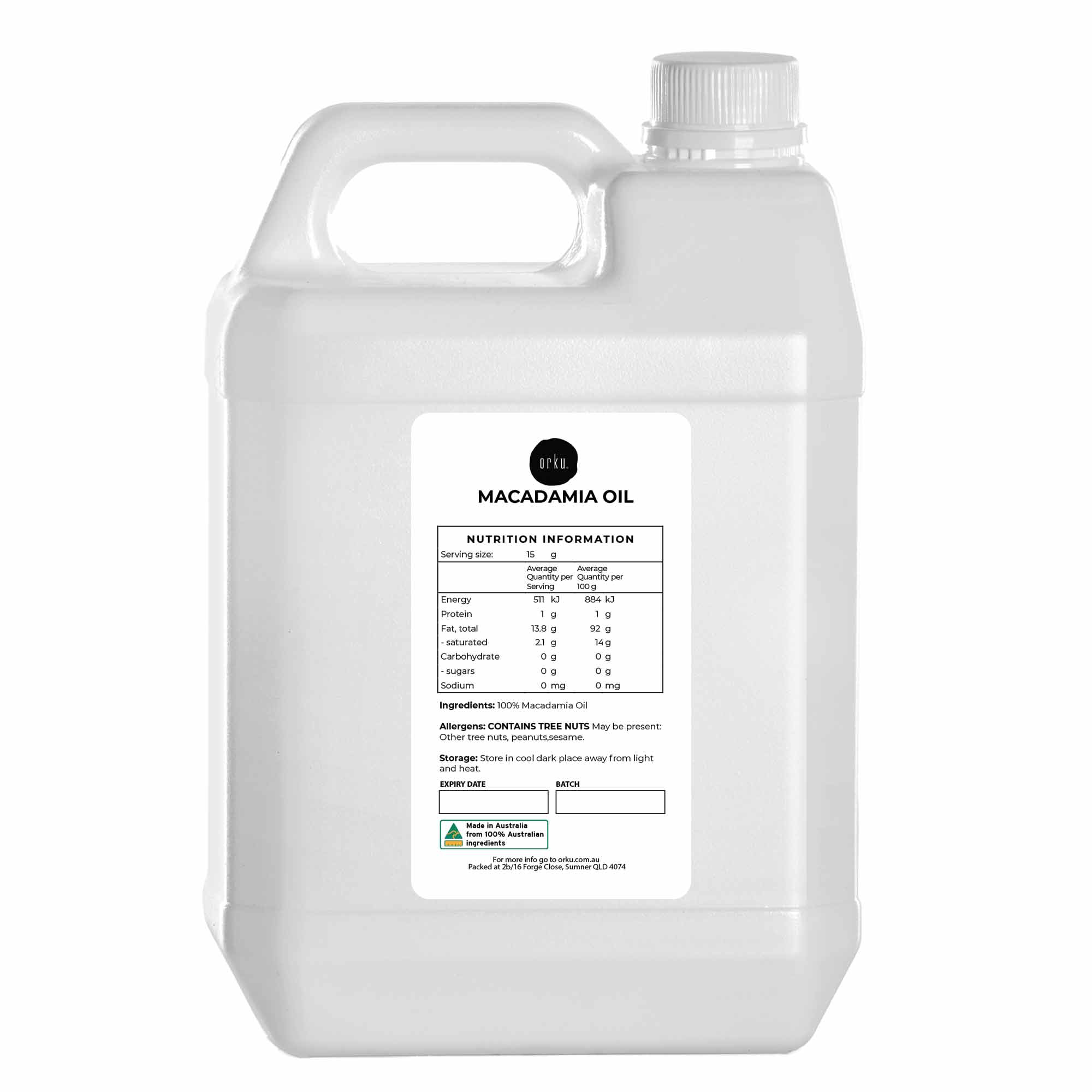 5L Orku Macadamia Nut Oil - Natural Cold Pressed Food Grade Pure Cooking Oils